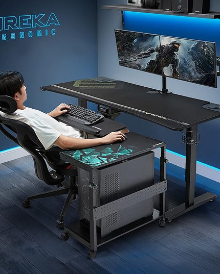 EUREKA ERGONOMIC PC Stand Computer Cart, Height Adjustable Tower Stand 2-Tier Suit for ATX Case Printer, Metal Rolling Cart on Wheels for Gaming Home Office, Black