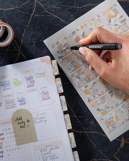 DIVERSEBEE Laminated Planner Monthly Tabs, 24 Peel and Stick Tabs for Notebooks (12 Month Tabs and 4 Blank Tabs), Calendar Monthly Tab Stickers for Planners, Monthly Dividers (Mist) DB117