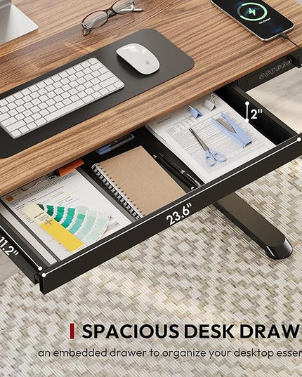 Standing Desk with Drawer, Electric Height Adjustable Home Office Desk with Storage & USB Ports, 48 inch Black Walnut Wood Tabletop/Black Frame