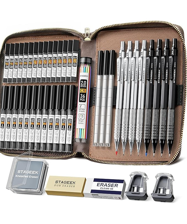 STAGEEK 45PCS Black & Silver Metal Mechanical Pencil Set in Leather Case, 0.5, 0.7, 0.9, 2.0mm Drafting Pencils with 28 Tubes(6B 4B 2B HB 2H 4H & Colors)Lead Refills for Art Drawing, Sketching,Writing