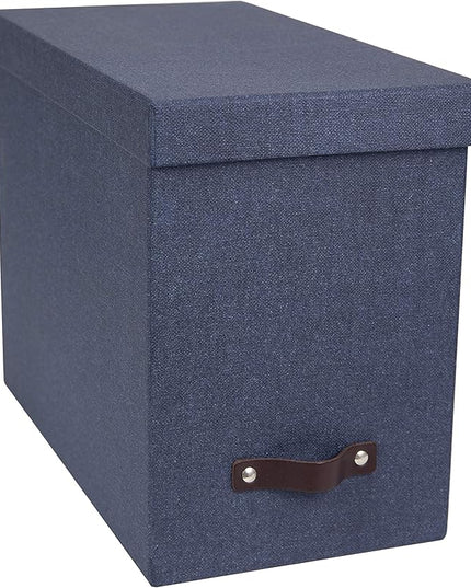 Bigso John Desktop File Box - File Storage Box and Document Organizer for Important Paperwork - Durable Hanging File Box with a Lid and Leather Handle - 7.36 in x 13.26 in x 10.51 in - Blue