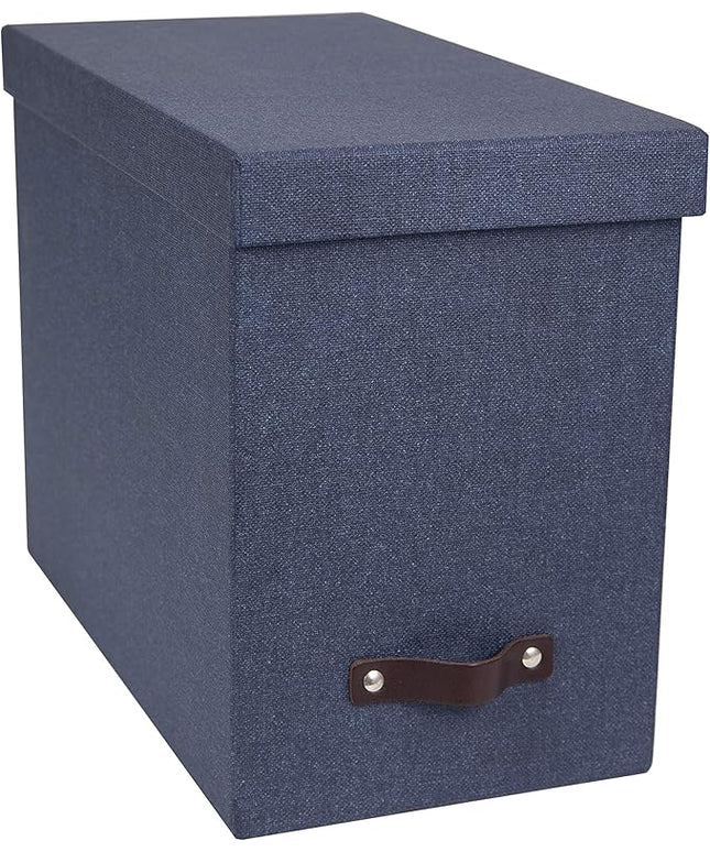 Bigso John Desktop File Box - File Storage Box and Document Organizer for Important Paperwork - Durable Hanging File Box with a Lid and Leather Handle - 7.36 in x 13.26 in x 10.51 in - Blue
