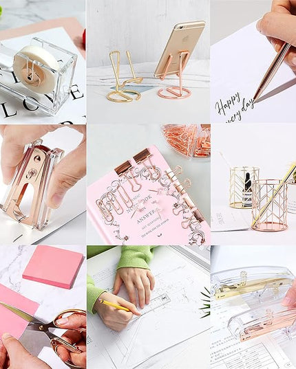 Rose Gold Office Supplies and Accessories, Acrylic Stapler, Staple Remover, Tape Holder, Ballpoint Pen, Scissor, Binder Clips, Staples, Phone Holder, Ruler, Transparent Glue and 300 Notes