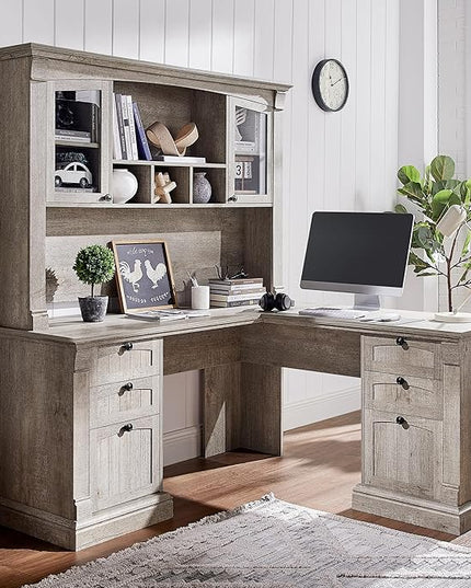 OKD 60" L Shaped Executive Desk with Hutch and Drawers, Farmhouse Home Office Desk with Charging Station, File Cabinet Storage, Wood Corner Computer Desk for Work and Study, Light Rustic Oak