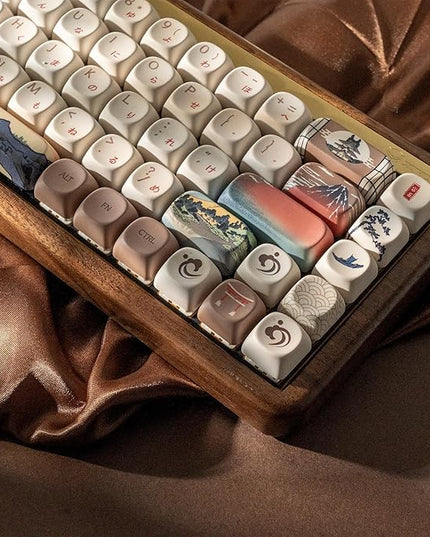 OHY XVX MOA Profile Japanese Fuji Mountain Theme PBT Keycaps Set, 140-Key Coffee & Cream Custom Keycaps for US Layout Mechanical Keyboards (Brown/Beige Design with Key Puller)