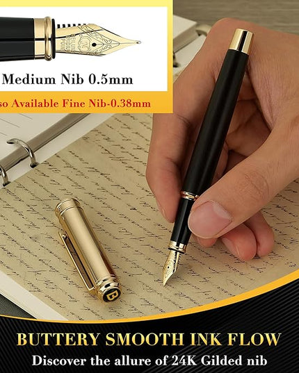 BEILUNER 316 Fountain Pen,Stunning Luxury Blackwood,24K Gilded Nib(Medium),Gorgeous 24K Gold Finish, Ink Converter,Trustworthy Gift for Men&Women-Elegant,Executive,Graduation Pens for Writing, BK-M