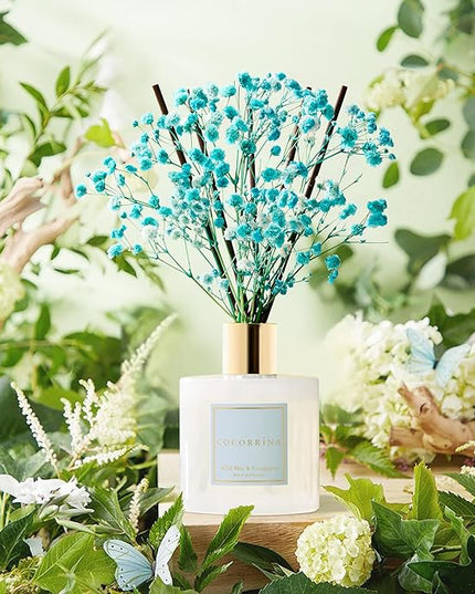 COCORRÍNA Reed Diffuser - Wild Mint & Eucalyptus 6.7 Fl.oz Reed Diffuser Set with Sticks & Preserved Baby's Breath, Reed Diffuser for Home Bathroom Shelf Decor