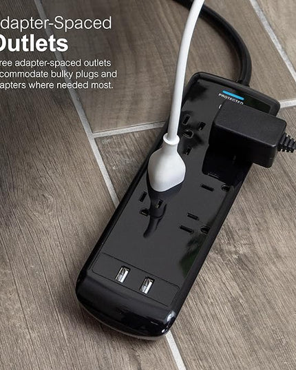 GE 37054 Pro Surge Protector, 7 Outlets + 2 USB, 1780J, 3' Cord, 2.1A, Black