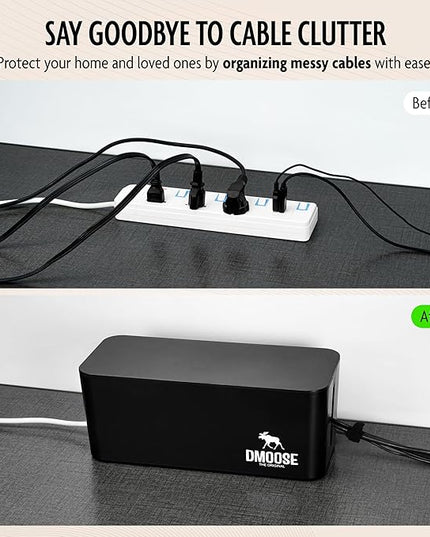 DMoose Cable Management Box - 2 Pack Medium & Large Cord Organizer for Desk & Floor, Cable Organizer Box for Child & Pet - Cable Box Hider for Tidy Office & Home, Power Strip Cover (Black - Pack of 2)