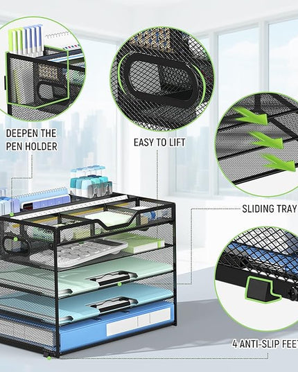 Docnest 5 Tier Mesh Desk Organizer- Letter Tray with Adjustable Compartments, Mesh Desktop Storage Built in Pen Holder and Handles, Desk Organizer Tray for Mail Documents Office Supplies-Black