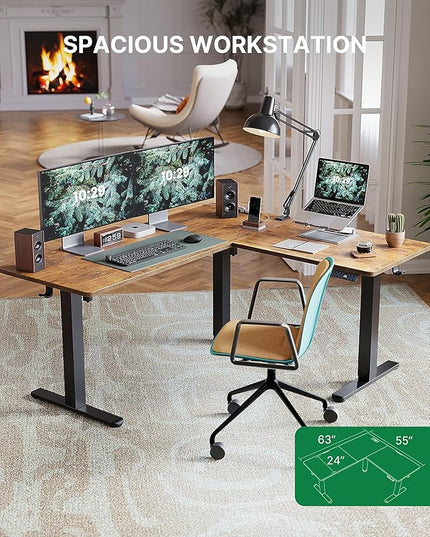 Marsail 63×55 in Electric Corner L-Shaped Standing Desk with 4-in 1 Electical Outlet, Computer Desk with Headphone Hook, Memory Sit Stand up Home Office Table, Ergonomic Gaming Table,Brown