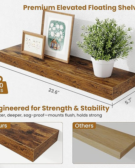 Fun Memories Floating Shelves Set of 2, 24 Inch Floating Shelves for Wall, Wood Wall Shelves with Invisible Brackets, for Bathroom, Bedroom, Living Room, Kitchen, Rustic Brown