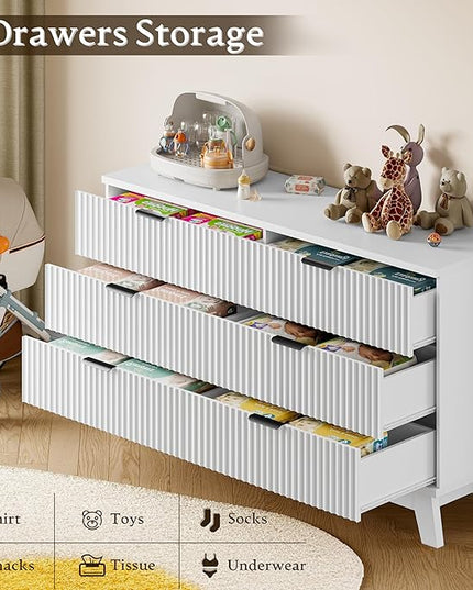 BORNOON 53" Long Dresser for Bedroom, 6-Drawer Dresser with Fluted Fronts, Wide Wood Chest of Drawers, Smooth Metal Slides, Stable Base, Modern Clothes Storage Cabinet for Living Room, Hallway