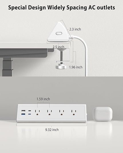 Jgstkcity Desk Clamp Power Strip,20W Fast Charging Station,Surge Protector Nightstand Edge Mount,1875W Extension Cord with Multiple Outlets,2 USB-C,2 USB-A,for Home Office (White, 6 FT)