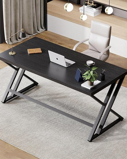 LVB Black Desk, Modern Gaming Writing Computer Desk for Home Office, Metal Wood Study Work PC Computer Table for Bedroom, Industrial Executive Student Workstation Desk, 47 Inch, Black Oak