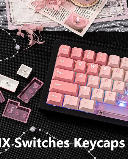 PBT and PC Material Key caps, Minimalist Gradient Pink Transparent Keycap, Crystal Custom Key Cap 160 Keys, Cherry Profile Keycap Set for Cherry Gateron MX Switches Mechanical Keyboard