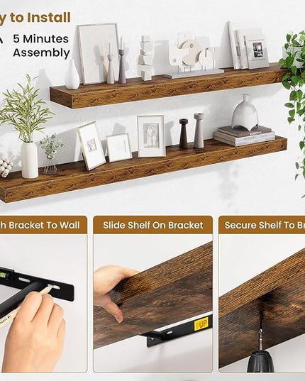 Fun Memories Floating Shelves 48 Inch, Extra Large Wood Shelf Set of 2, Hanging Wall Shelves for Bathroom, Living Room, Kitchen, Bedroom, Rustic Brown