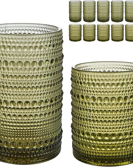 Vintage Hobnail Drinking Glasses Set of 12, 15 oz Highball Glasses & 12 oz Cocktail Glasses Set, Green Kitchen Water Glasses Cup, Bar Tumbler Glassware Set for Beer, Juice, Whiskey, Milk