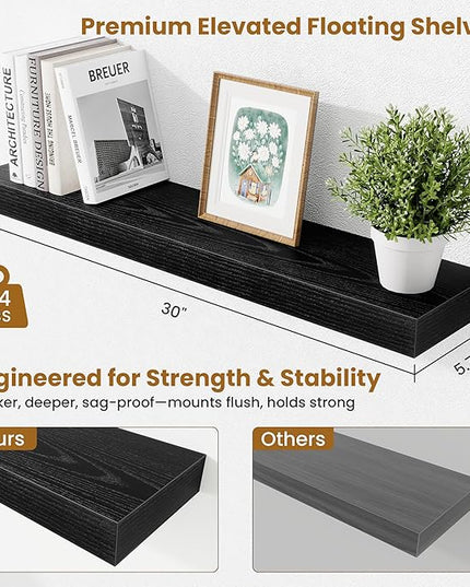Fun Memories Floating Shelves 30 Inch, Wall Mounted Wood Shelf Set of 2, Farmhouse Decor for Bathroom, Bedroom, Kitchen, Living Room, Black