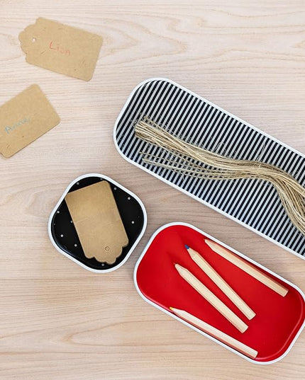 Three by Three Seattle 3 Piece Shallow Metal Organizer Tray Set for Storing Makeup, Stationery, Utensils, and More in Office Desk, Kitchen and Bathroom Drawers (1 Inch, Red Dots and Stripes)