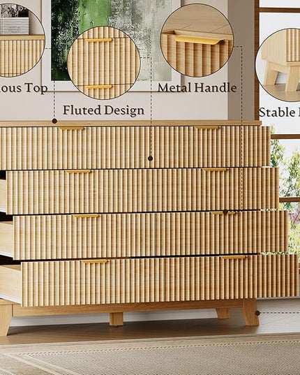 BORNOON 53" Tall Dresser for Bedroom, 8-Drawer Fluted Chest of Drawers, Modern Wood Highboy with Metal Slides and Handles, Anti-Tip Kit, Vertical Clothes Storage Organizer for Apartment, Closet
