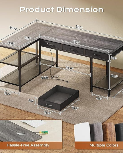 PRAISUN 55 Inch L Shaped Office Desk with Power Outlets and Type-C Port, Large Computer Gaming Desk with 3 Fabric Drawers, Mesh Shelves, Corner Study Work Writing Desk, Grey