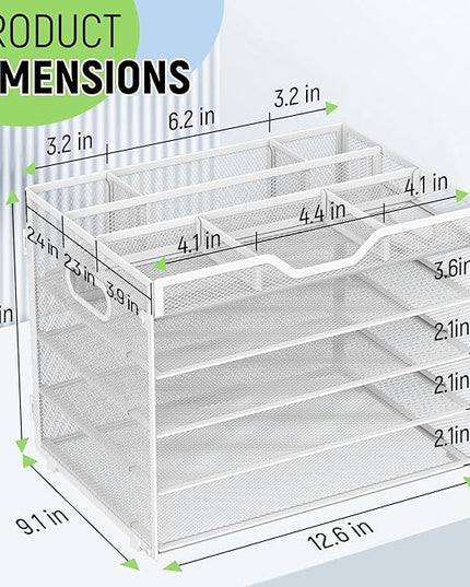 Docnest 5 Tier Mesh Desk Organizer- Letter Tray with Adjustable Compartments, Mesh Desktop Storage Built in Pen Holder and Handles, Desk Organizer Tray for Mail Documents Office Supplies–White