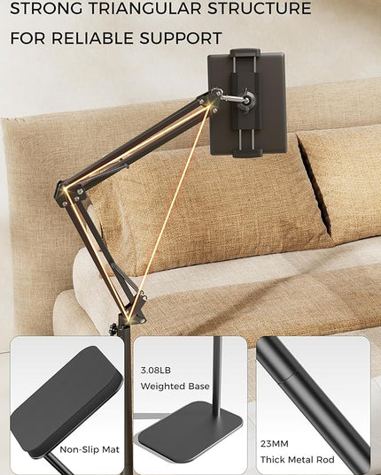 Tablet Floor Stand, 360-degree Rotatable Metal Tablet Stand Holder, Adjustable Kindle Holder, Universal Phone Stand for iPad/iPhoneX/iPad Pro or Other 4.7~12.9 Inch-Screen Devices (Black)