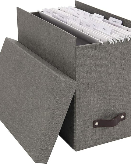 Bigso John Desktop File Box - Storage Solution and Document Organizer for Important Paperwork - Durable Hanging File Box with a Lid and Leather Handle - 7.36 in x 13.26 in x 10.51 in - Grey
