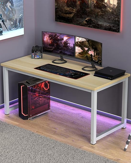 NSdirect 63" Computer Desk,Large Home Office Desk Wide Workstation 1 inch Thicker Tabletop for Writing,Games and Home Work PC Desk Modern Finish Wood Board and Sturdy Steel Legs,Oak+White