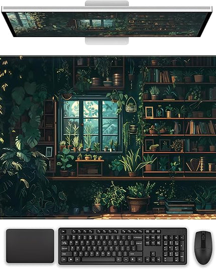 Green Plant Desk Pad Gaming Pad Extra Large Desk Mats Full Desk Mouse Pad XXL, Desktop Mat Computer Laptop Keyboard Pads, Office Home Decor Table Pad Cute Desk Accessories 31.5" x 15.7"