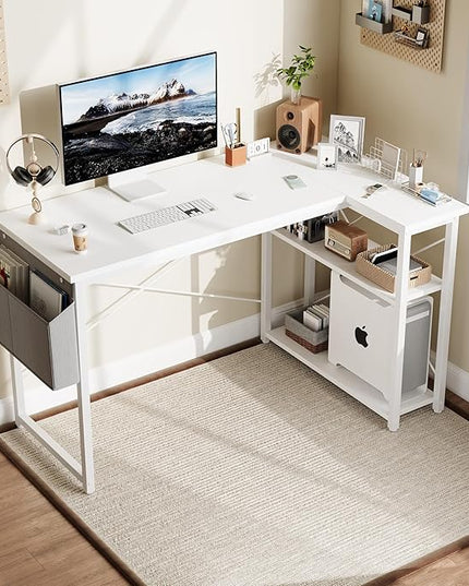 Grandder L Shaped Computer Desk with Reversible Shelves, 40 Inch Small Corner Desk with Storage Bag, Gaming Desk Computer Table Study Writing Desk for Home Office Small Space, White
