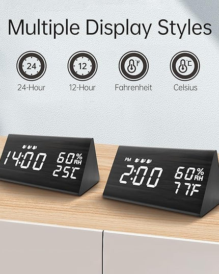 Digital Alarm Clock, with Wooden Electronic LED Time Display, 3 Alarm Settings, Humidity & Temperature Detect, Wood Made Electric Clocks for Bedroom, Bedside (Black)