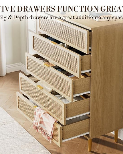 Garvee Rattan Dresser with 5 Drawers, Tall Modern Closet with Deep Storage, Large Chest of Drawers with Wide Top, Long Wooden Dresser for Bedroom, Living Room, Hallway, Kids Room, Natural