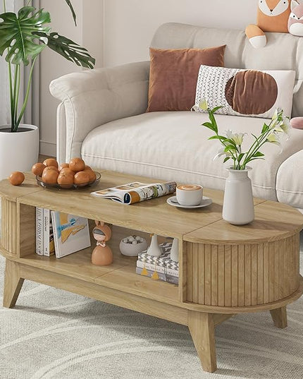 Coffee Table with 2 Hidden Storage,Mid Century Modern Coffee Table with Fluted Finish,Wood Center Tables Oval Coffee Tables with Flip-Top Lids for Living Room Home Office (Oak)