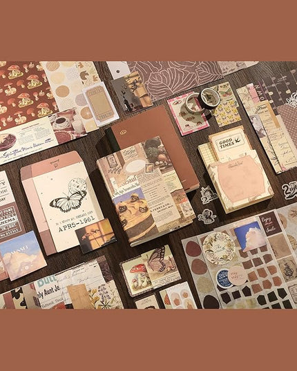 348 Pcs Scrapbooking Supplies Kit, Vintage Aesthetic Scrapbook Kit for Bullet Junk Journal, Stationery, A6 Grid Notebook, DIY Journaling Supplies, Birthday Craft Gift for Teen Girl Kid Women
