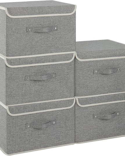 Fabric Storage Bins Cube Organizers with Flip-Top Lid and Handles,Storage Boxes for Organizing Home,Office,and Closet,Grey,5 Pack 15 x 9.8 x 9.8 in