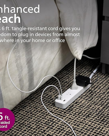 Philips EZFit 3-Outlet Adapter-Spaced Surge Protector, 6ft Braided Cord, Power Strip, Extension Cord with 2 USB-A and 1 USB-C, 490J, White, SPP3863W/37