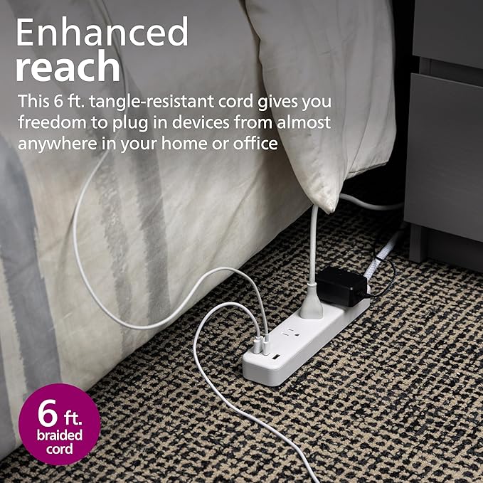 Philips EZFit 3-Outlet Adapter-Spaced Surge Protector, 6ft Braided Cord, Power Strip, Extension Cord with 2 USB-A and 1 USB-C, 490J, White, SPP3863W/37