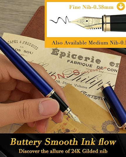 BEILUNER Blue Personalized Fountain Pen,Stunning Luxury Lacquer,24K Gilded Nib(Fine),Gorgeous 24K Gold Finish, Ink Converter,Fancy Gift for Men&Women-Elegant, Graduation,Nice Pens for Writing