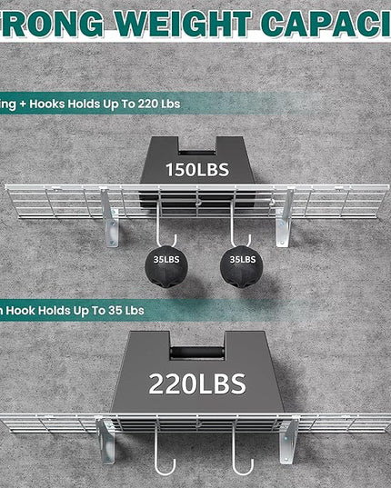 EVERHANGER Garage Wall Shelves, 12 X 48 Inch Wall Mounted Storage Shelves, Heavy Duty Metal Shelving with Hooks, 2 Pack, White