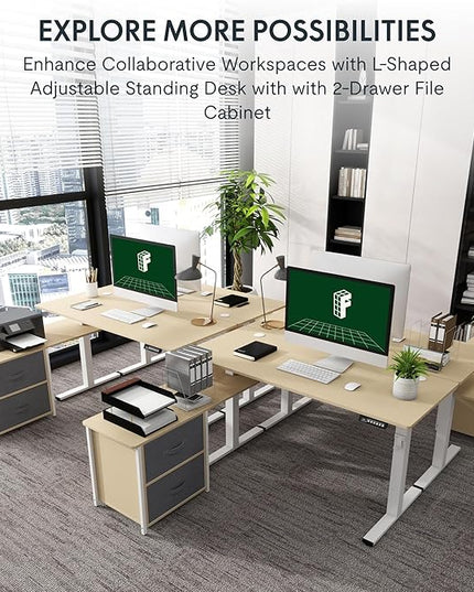 FLEXISPOT 63'' L Shaped Reversible Standing Desk with Drawers and Shelves, Large Corner Stand Up Executive Desk for Home Office, Light Wood Grain Top+ White Frame