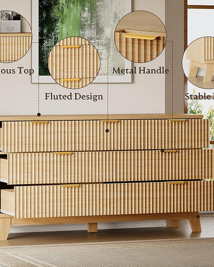 BORNOON 57" Long Dresser for Bedroom, 7-Drawer Fluted Chest, Wide Wood Storage Dresser with Metal Slides and Handles, Stable Base, Modern Clothes Organizer for Primary Suite, Guest Room, Nursery