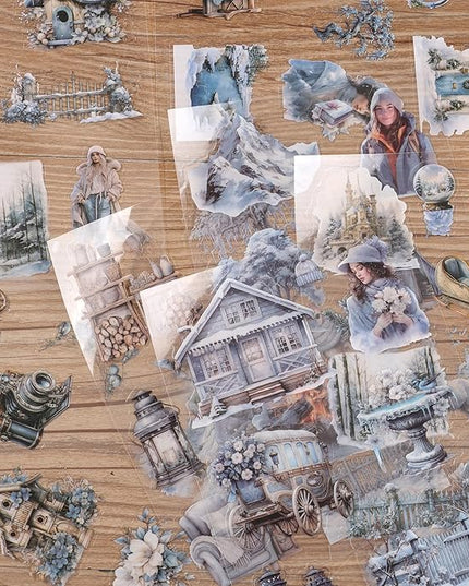 Auguro PET 20 Sheets 120 Pre-Cut Winter Stickers for Scrapbooking People Landscape Stickers Scrapbook Supplies Transparent Sticker for journaling
