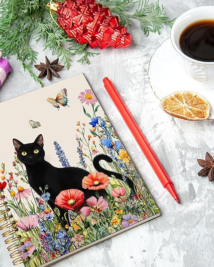 Moody Black Cat Spiral Notebook Journal 5.5x8.3, Wildflower Butterfly Black Kitten Journal, Cat Lover Mom Lady Gifts for Women Girls, Colorful Flower Pet Journaling Notebooks