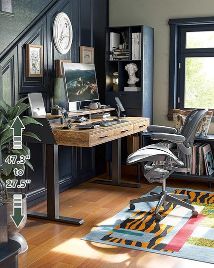 FEZIBO Standing Desk Adjustable Height with Drawers, 48 x 24 Inches Stand Up Desk Electric Memory Computer Desk, Black Frame/Rustic Brown Top