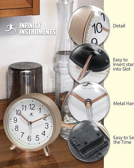 Infinity Instruments Plastic 5.75" Indoor Tabletop Alarm Clock with Quartz Movement for Accurate Time Keeping, Copper