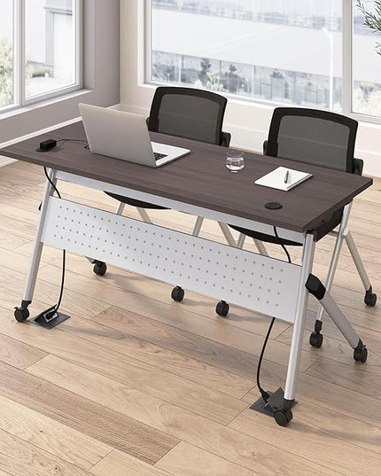 Bush Business Furniture Folding Training Table Set for 2, 60 inch Desk with Powered Grommets and 2 Chairs, Commercial-Grade Bundle for Office or Classroom, Envision Collection, Gray
