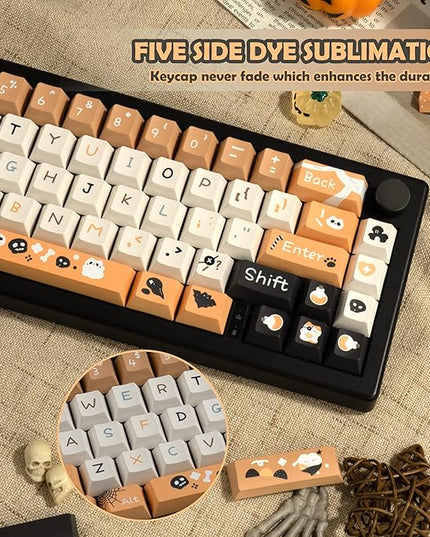 Orange and Black Key Caps - Cute Cherry Profile PBT Keycap, Dye Sublimation Halloween Key Caps for Ergonomic Keyboard, 130 Keys
