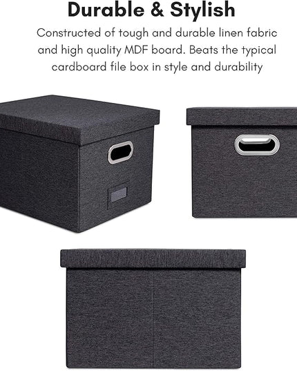 Internet's Best Collapsible File Storage Organizer with Lid - Decorative Linen Filing & Storage Office Box – Hanging Letter/Legal Folder – Home Office Bins Cabinet – Charcoal Container - 6 Pack